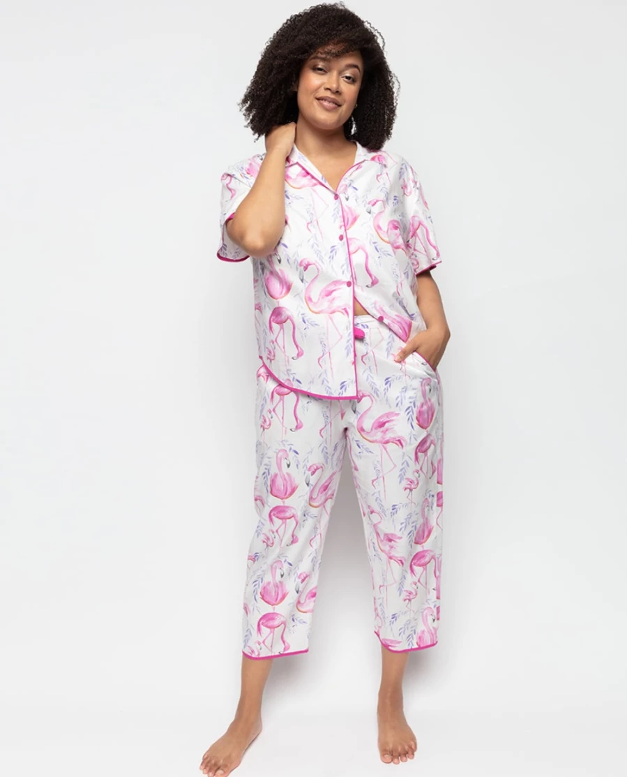 Cyberjammies Women's Flamingo Print Cropped Pyjama Set - Tropical Sleepwear Pajamas